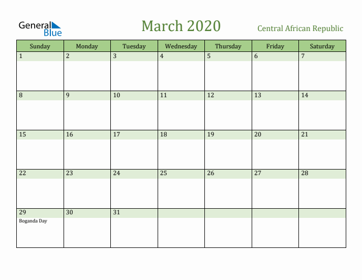 March 2020 Calendar with Central African Republic Holidays