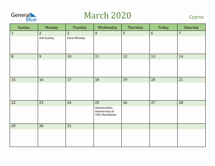 March 2020 Calendar with Cyprus Holidays