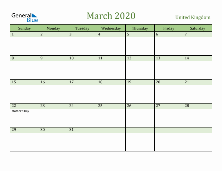 March 2020 Calendar with United Kingdom Holidays
