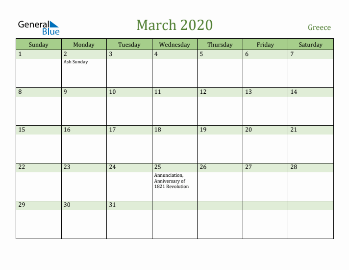 March 2020 Calendar with Greece Holidays
