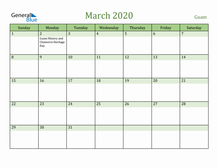 March 2020 Calendar with Guam Holidays