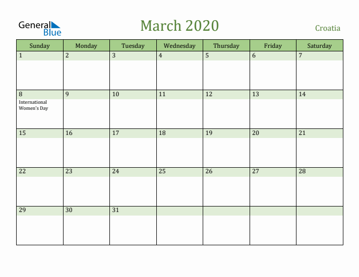 March 2020 Calendar with Croatia Holidays