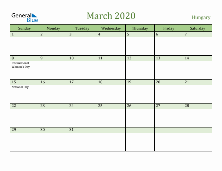 March 2020 Calendar with Hungary Holidays