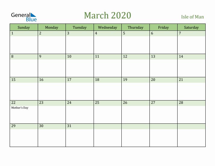March 2020 Calendar with Isle of Man Holidays