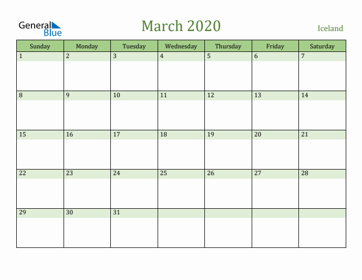 March 2020 Calendar with Iceland Holidays