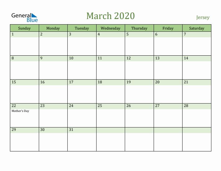 March 2020 Calendar with Jersey Holidays