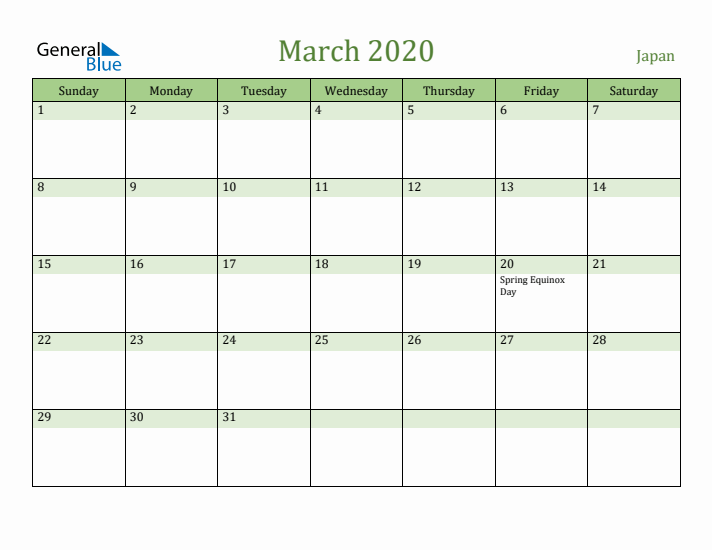 March 2020 Calendar with Japan Holidays