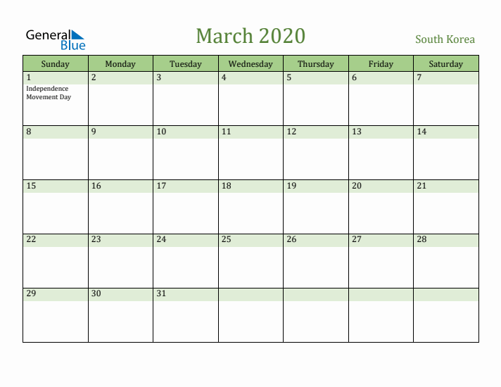 March 2020 Calendar with South Korea Holidays