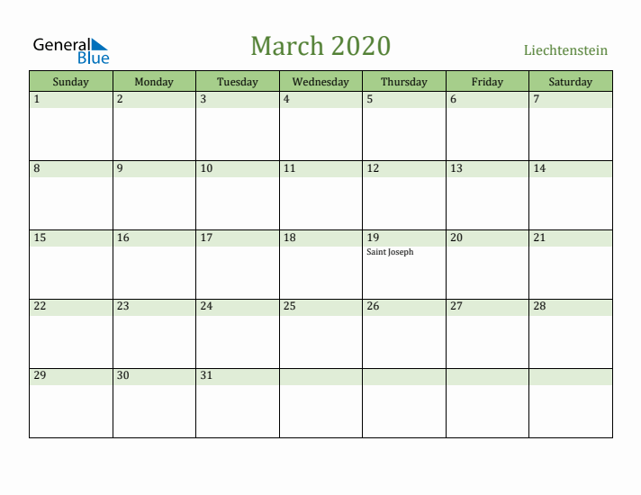 March 2020 Calendar with Liechtenstein Holidays
