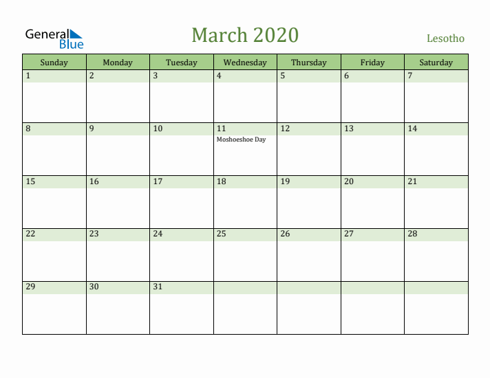 March 2020 Calendar with Lesotho Holidays