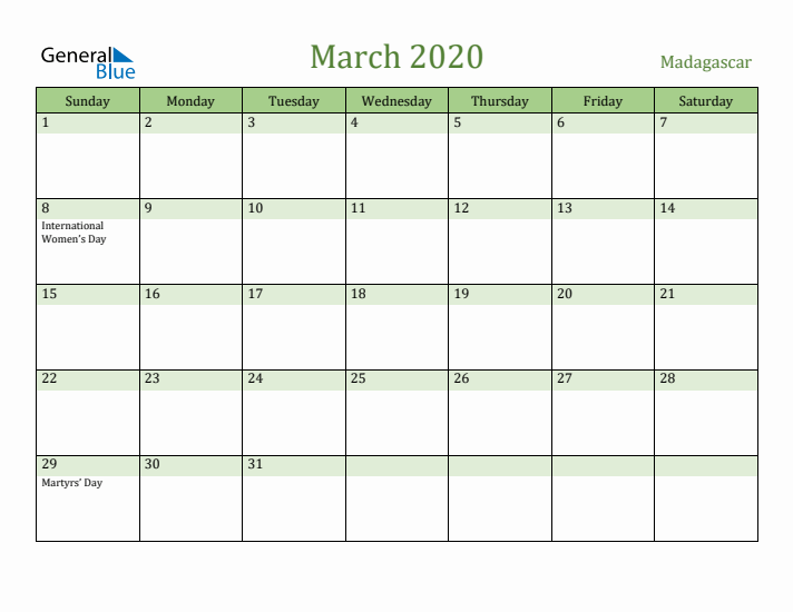 March 2020 Calendar with Madagascar Holidays