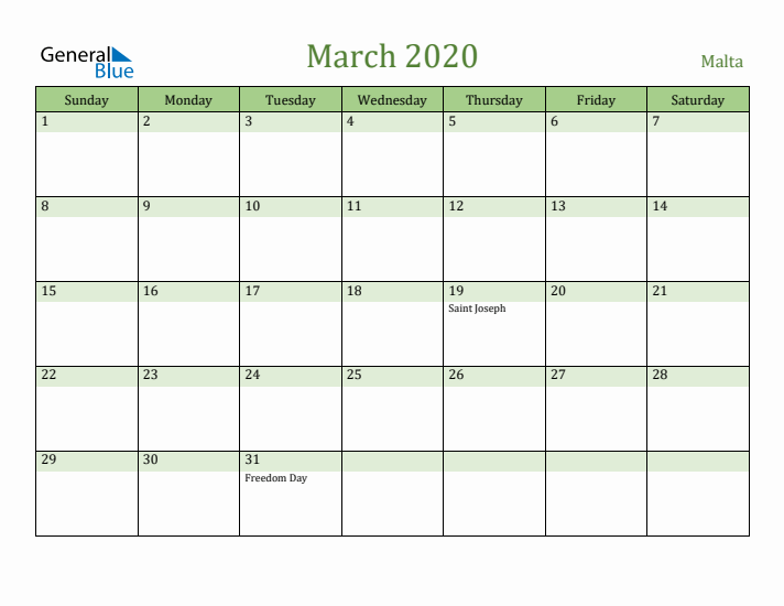 March 2020 Calendar with Malta Holidays