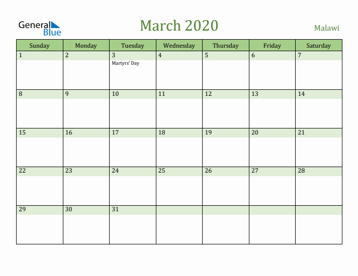 March 2020 Calendar with Malawi Holidays