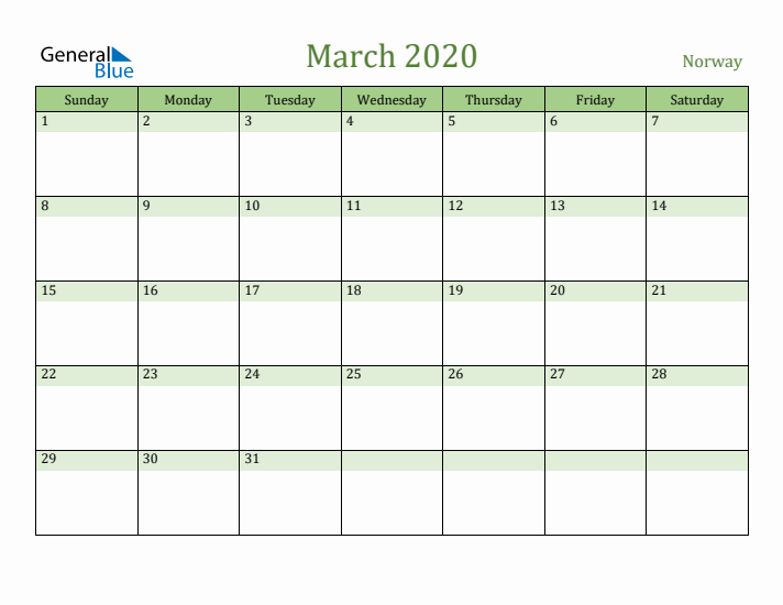 March 2020 Calendar with Norway Holidays