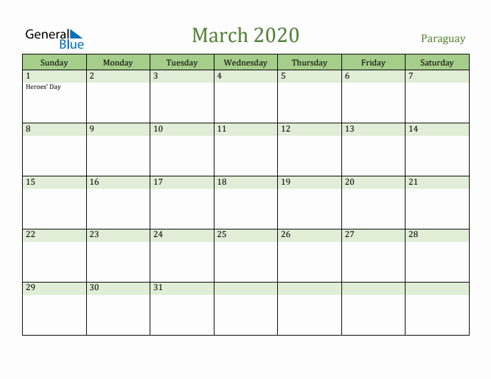 March 2020 Calendar with Paraguay Holidays