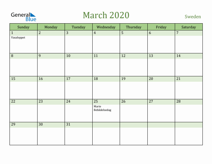 March 2020 Calendar with Sweden Holidays
