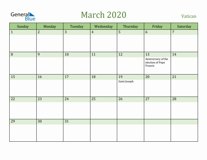 March 2020 Calendar with Vatican Holidays