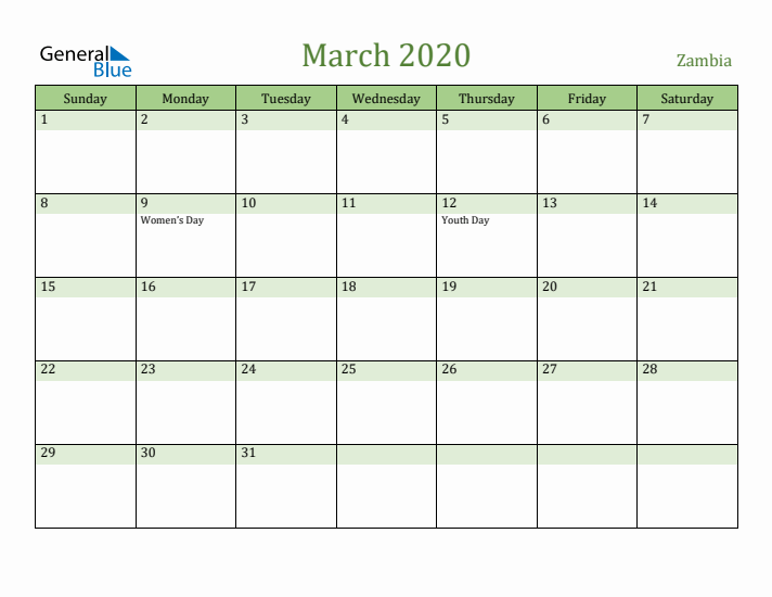 March 2020 Calendar with Zambia Holidays