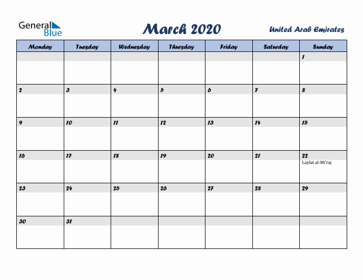 March 2020 Calendar with Holidays in United Arab Emirates