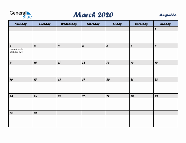 March 2020 Calendar with Holidays in Anguilla