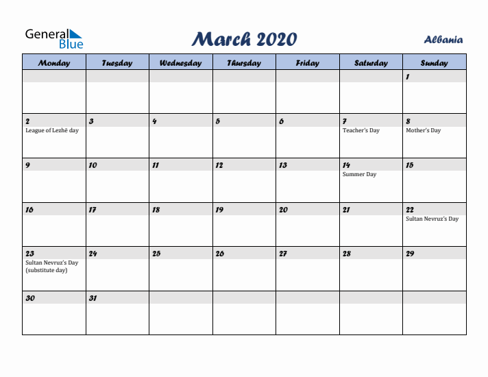 March 2020 Calendar with Holidays in Albania