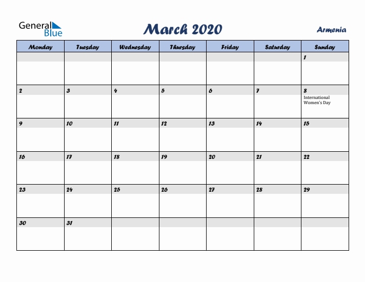 March 2020 Calendar with Holidays in Armenia