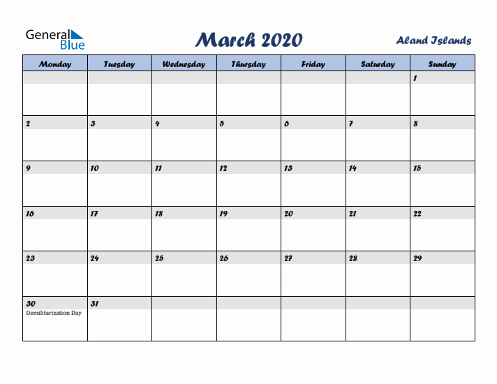 March 2020 Calendar with Holidays in Aland Islands