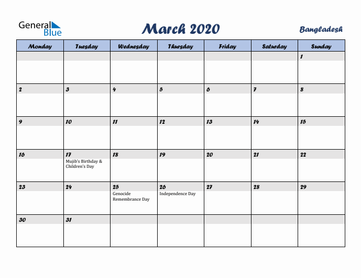 March 2020 Calendar with Holidays in Bangladesh