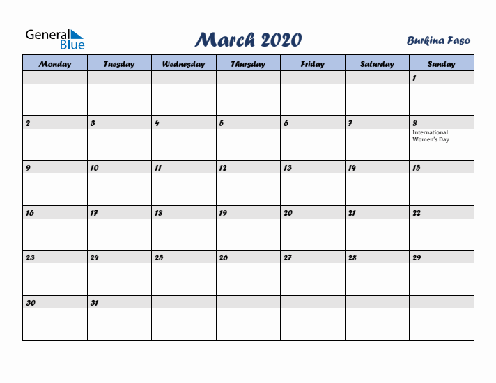 March 2020 Calendar with Holidays in Burkina Faso