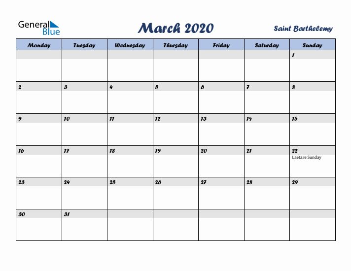 March 2020 Calendar with Holidays in Saint Barthelemy