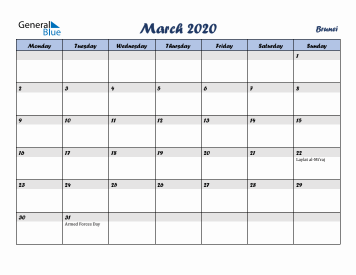 March 2020 Calendar with Holidays in Brunei