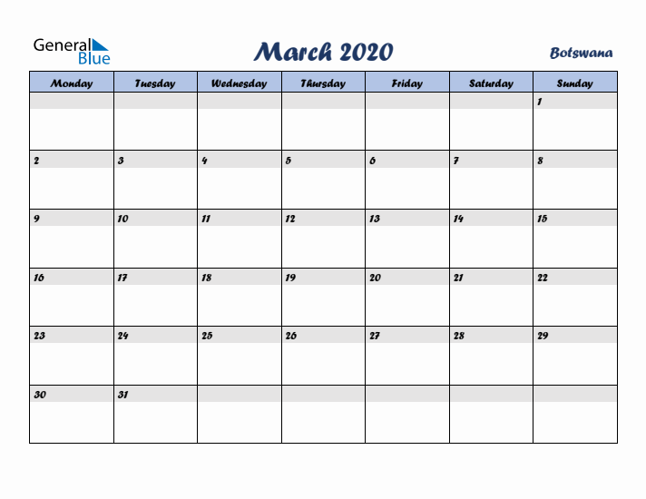 March 2020 Calendar with Holidays in Botswana