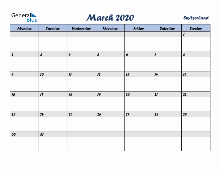 March 2020 Calendar with Holidays in Switzerland