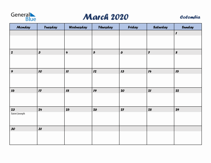 March 2020 Calendar with Holidays in Colombia