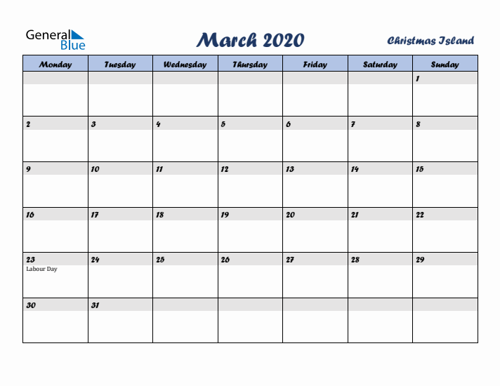 March 2020 Calendar with Holidays in Christmas Island