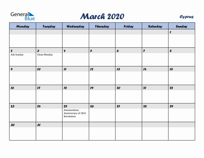 March 2020 Calendar with Holidays in Cyprus