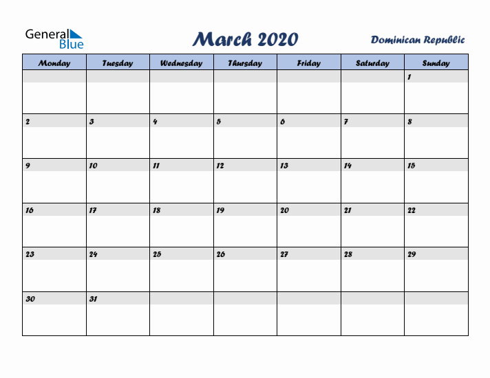 March 2020 Calendar with Holidays in Dominican Republic