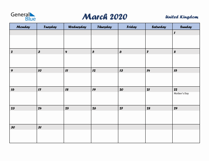 March 2020 Calendar with Holidays in United Kingdom