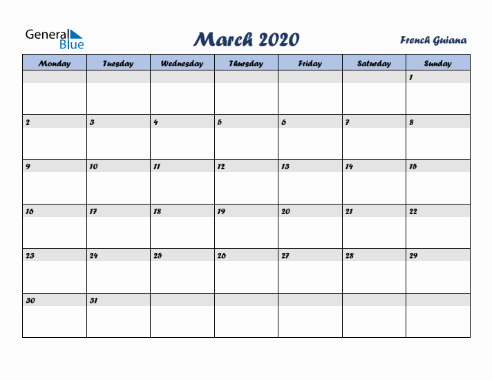 March 2020 Calendar with Holidays in French Guiana