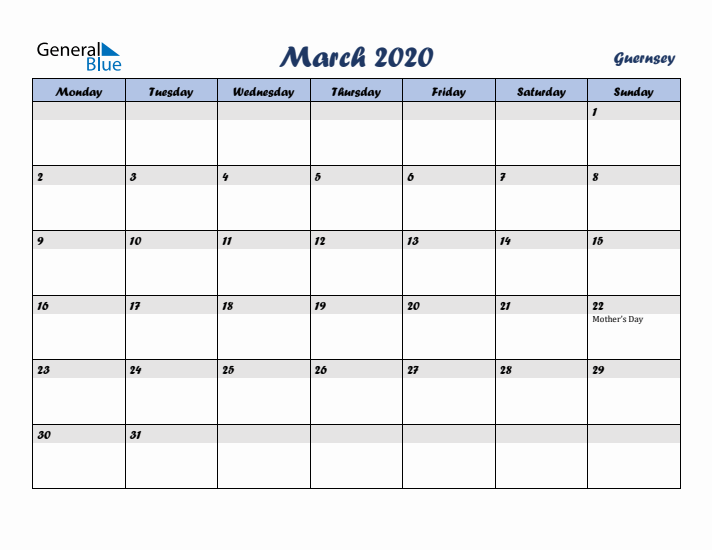 March 2020 Calendar with Holidays in Guernsey