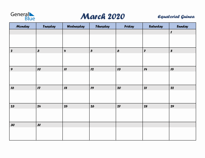 March 2020 Calendar with Holidays in Equatorial Guinea