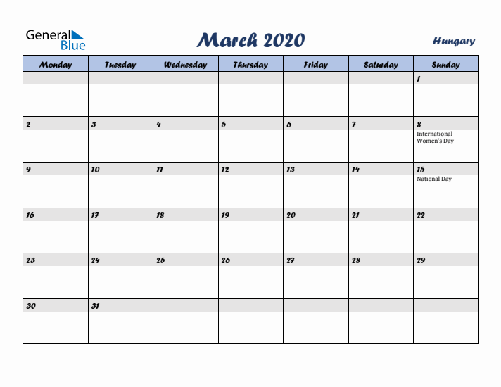 March 2020 Calendar with Holidays in Hungary