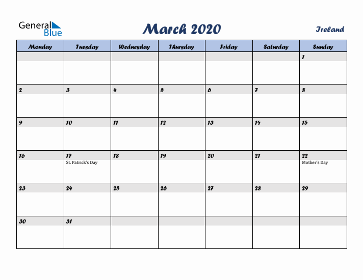 March 2020 Calendar with Holidays in Ireland