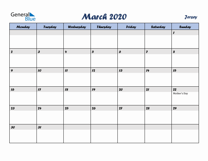 March 2020 Calendar with Holidays in Jersey