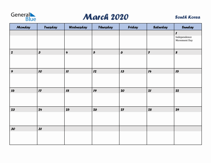 March 2020 Calendar with Holidays in South Korea
