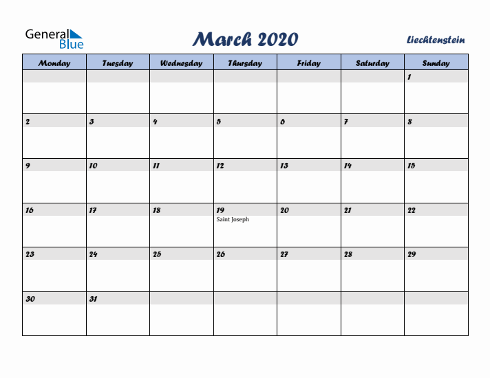 March 2020 Calendar with Holidays in Liechtenstein