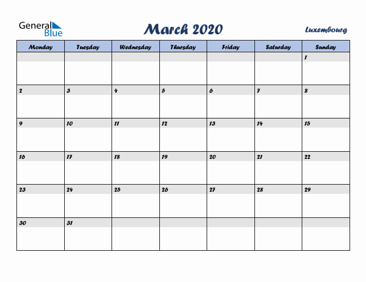 March 2020 Calendar with Holidays in Luxembourg