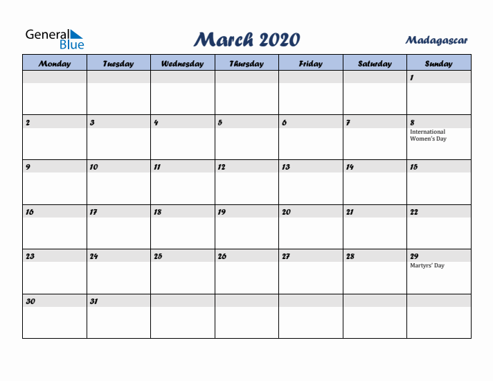 March 2020 Calendar with Holidays in Madagascar