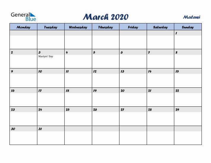 March 2020 Calendar with Holidays in Malawi