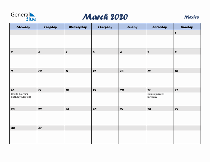 March 2020 Calendar with Holidays in Mexico